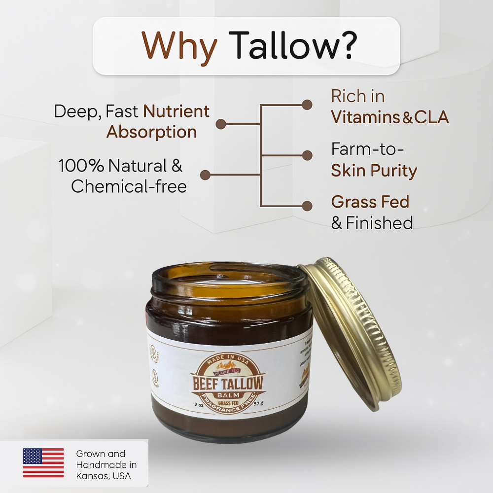 Grass Fed Beef Tallow Balm - 2 oz - Grown and Made in USA - Organic Grass Fed and Finished Tallow - Moisturizing Skin Care