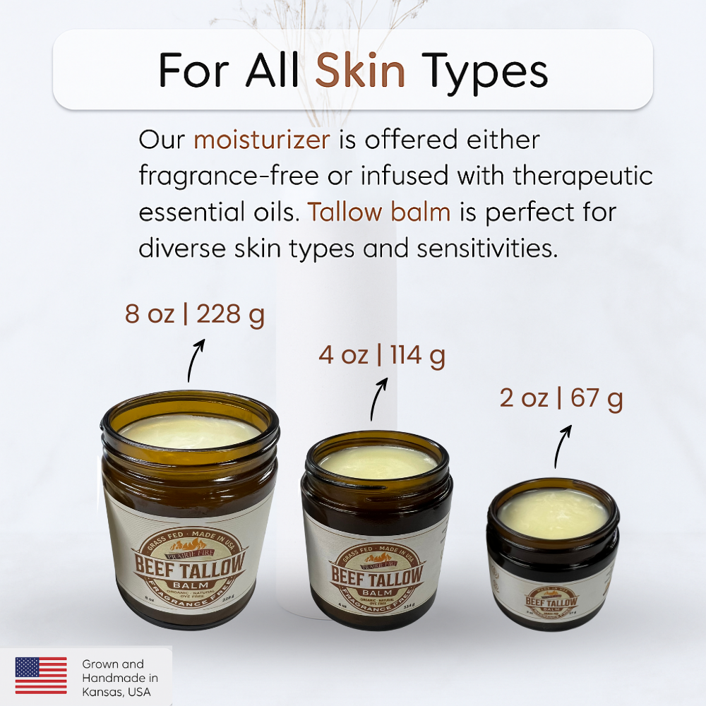 Grass Fed Beef Tallow Balm - 8 oz - Made in USA - Organic Grass Fed and Finished - Moisturizing Skin Care