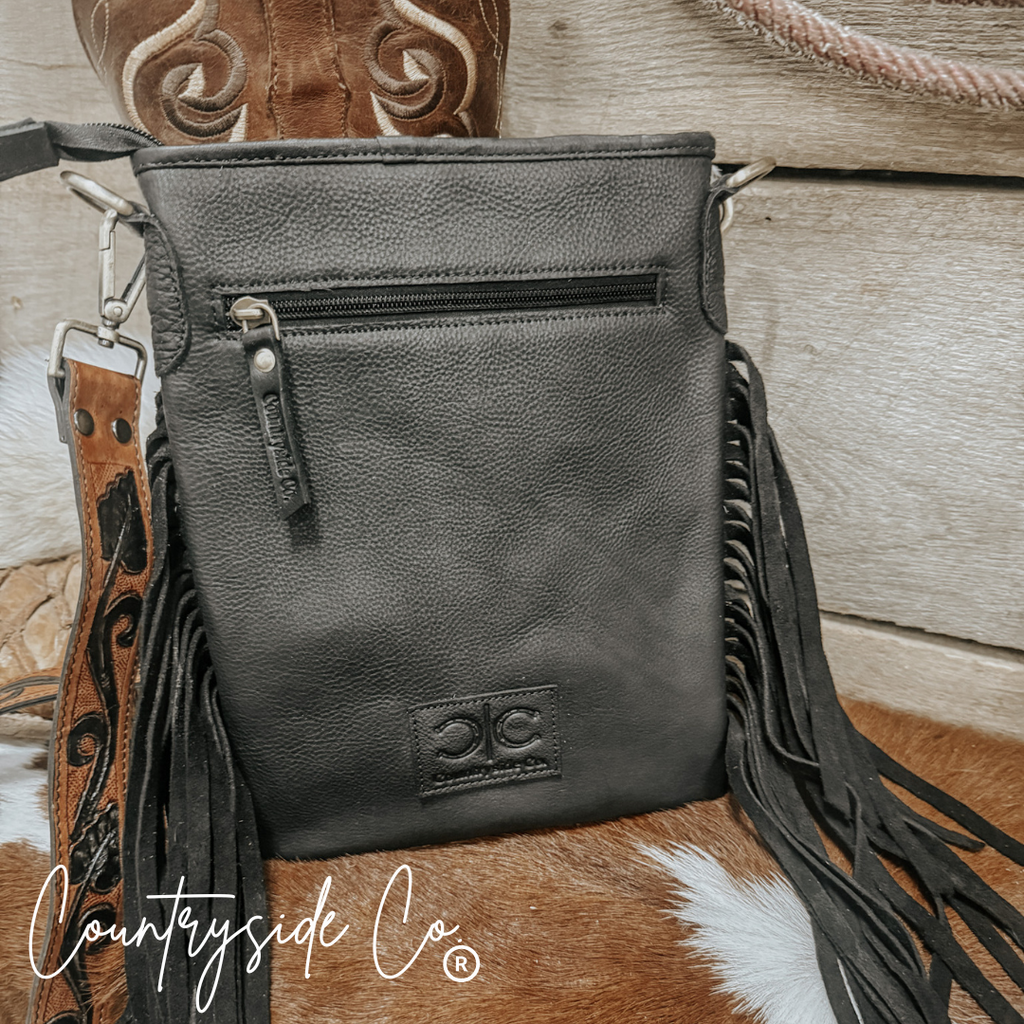 Stockyard Checkered Cowhide Fringe Purse