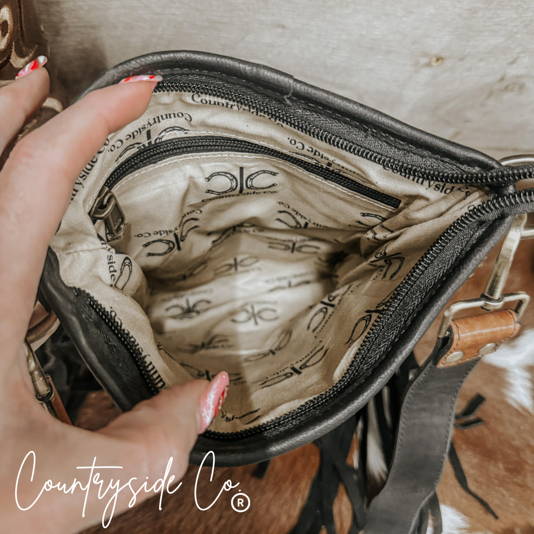 Stockyard Checkered Cowhide Fringe Purse