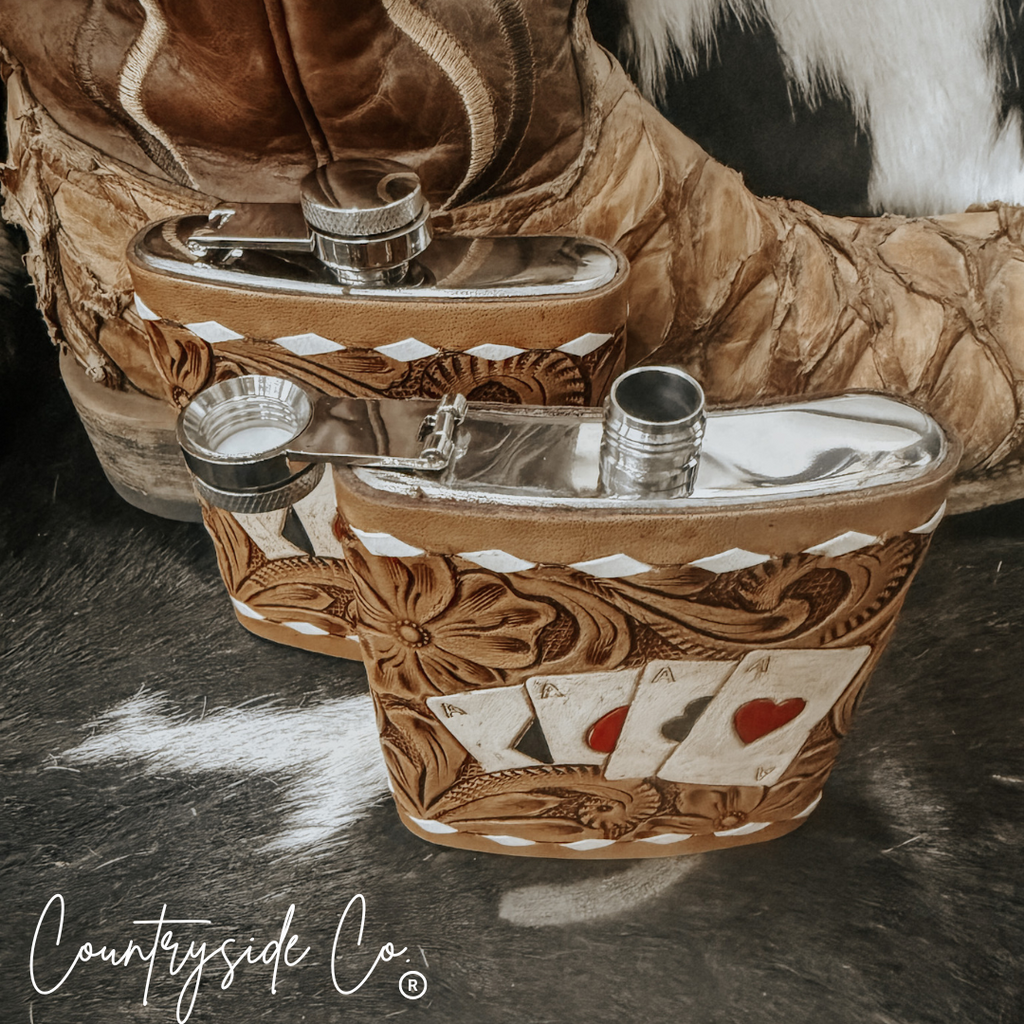 Gambler Tooled Leather Flask