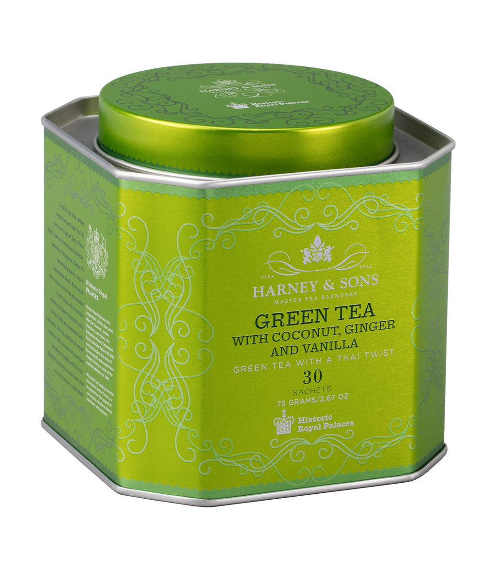 Green Tea with Coconut, Ginger and Vanilla, HRP Tin of 30 Sachets