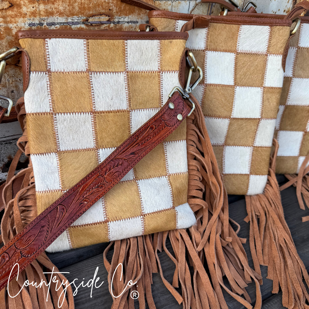 Stockdale Checkered Cowhide Fringe Purse by Countryside Co.