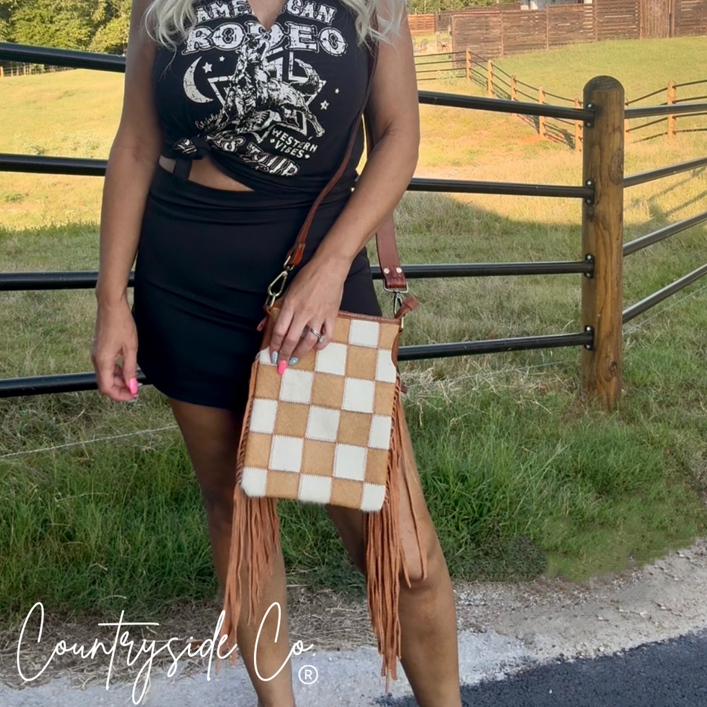 Stockdale Checkered Cowhide Fringe Purse by Countryside Co.