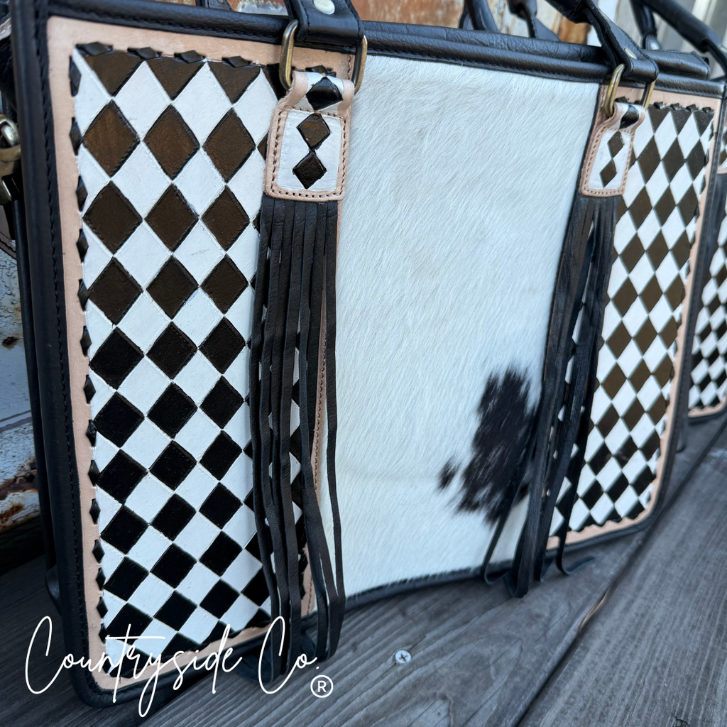 Tinsley Checkered Leather Cowhide Conceal Carry Tote, Computer Bag