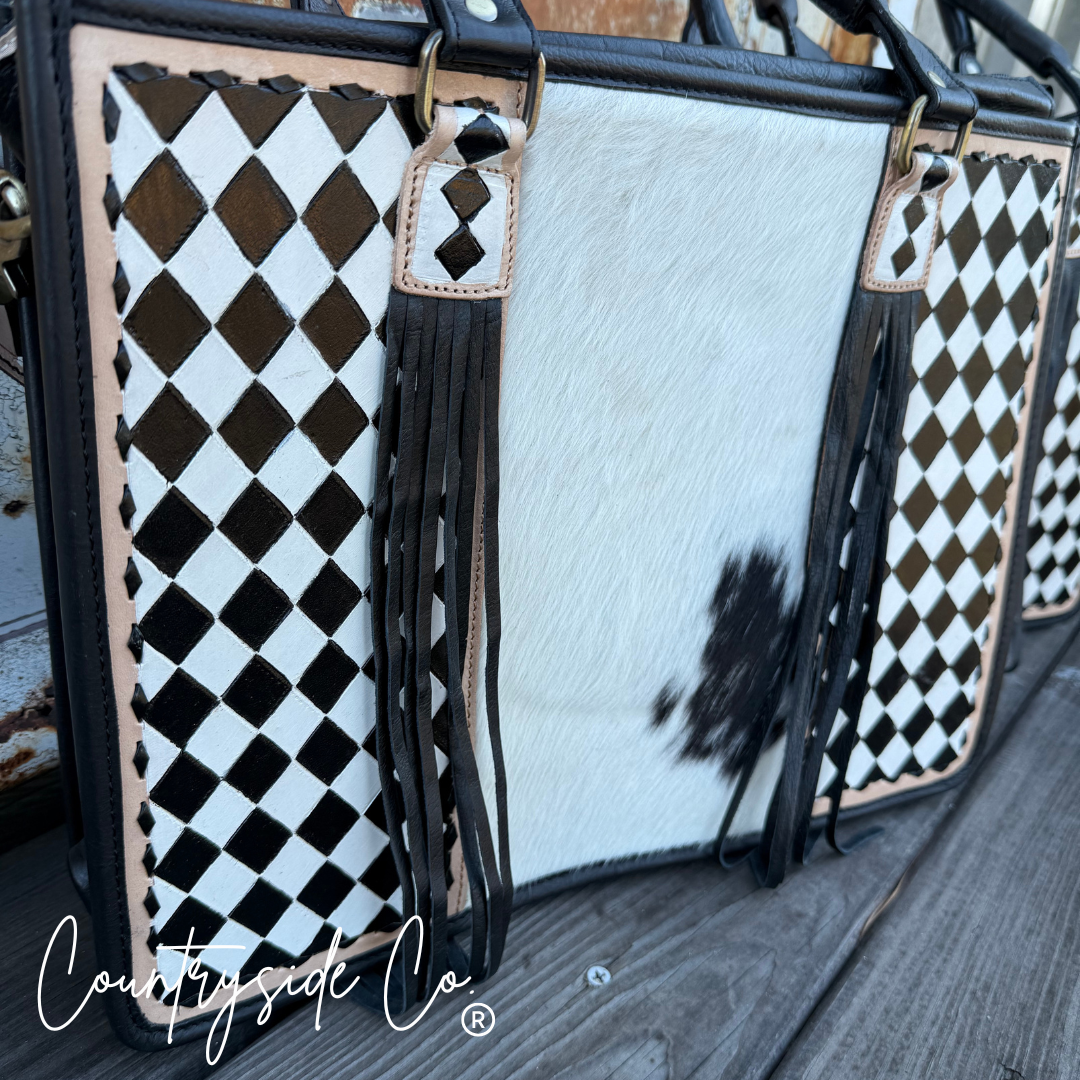 Tinsley Checkered Leather Cowhide Conceal Carry Tote, Computer Bag