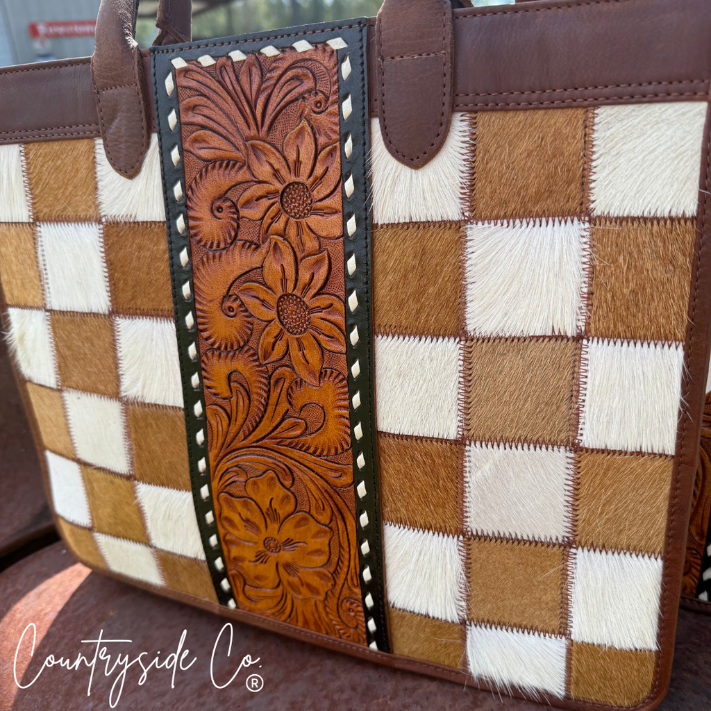 Virginia Cowhide Checkered Concealed Carry Tote Handbag