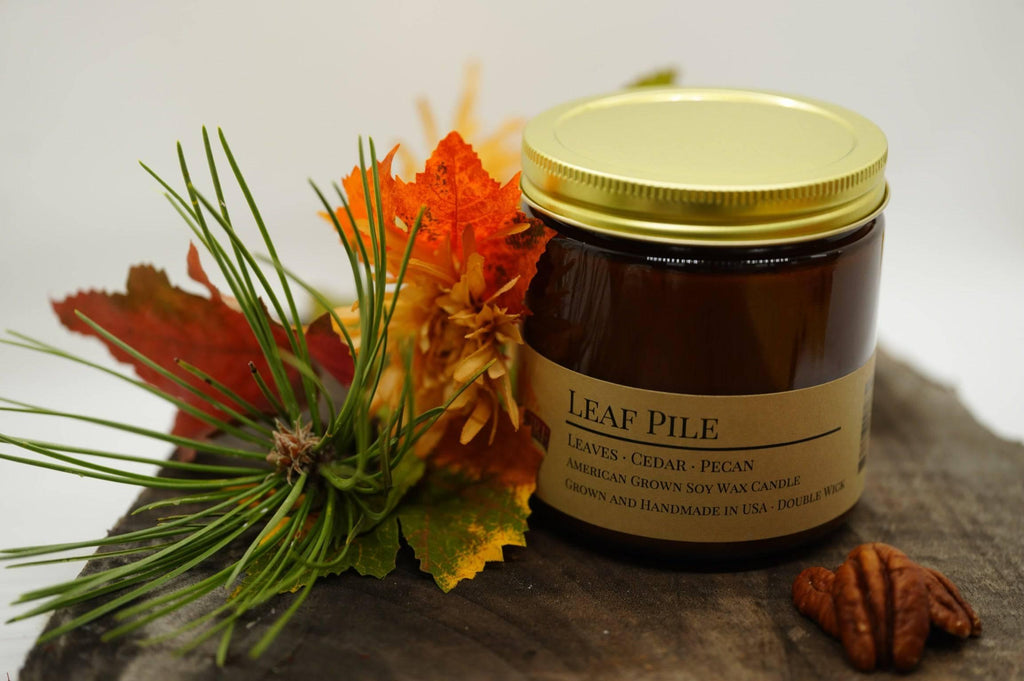Leaf Pile Soy Wax Candle | 16 oz Double Wick Amber Apothecary Jar