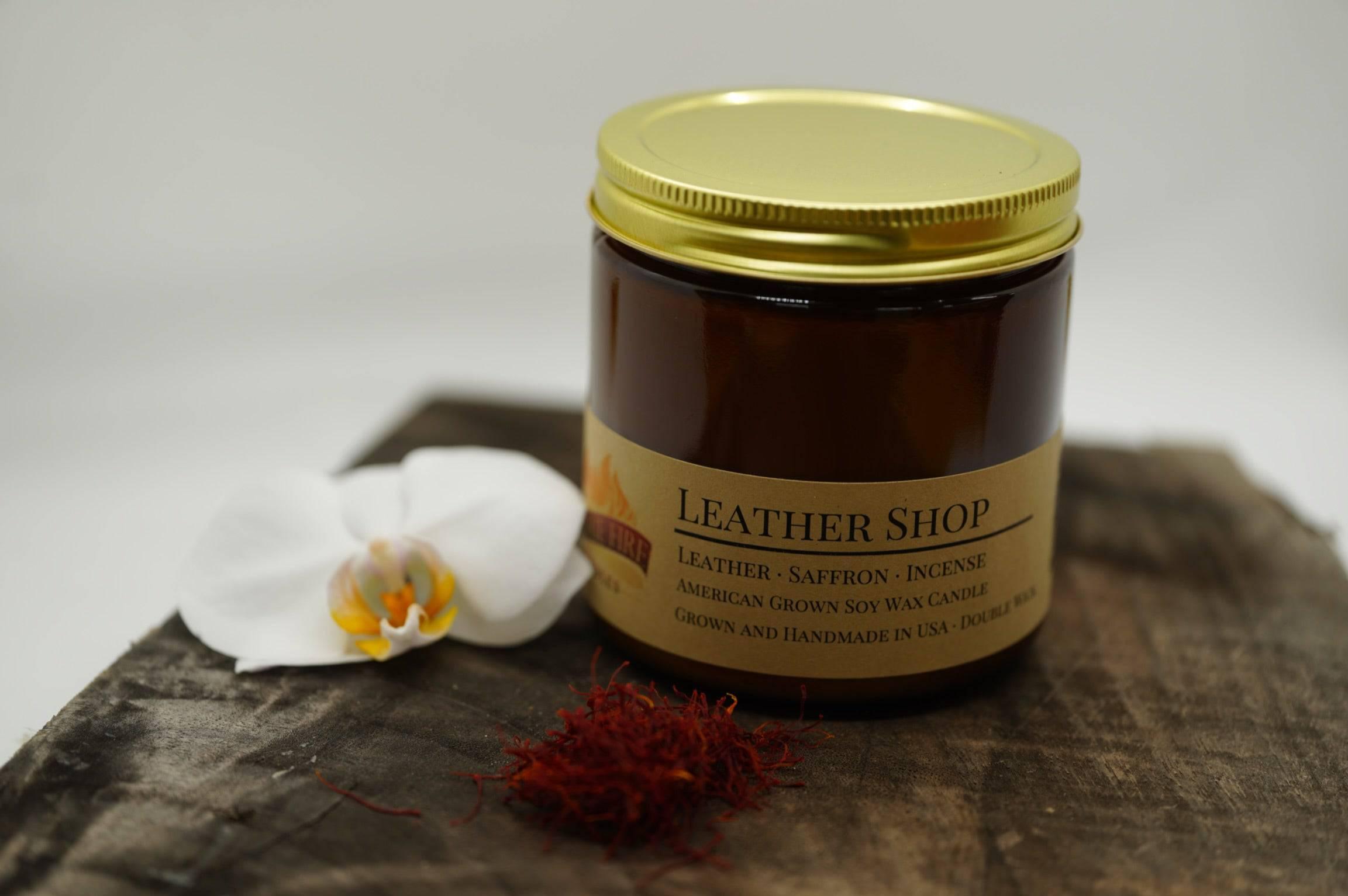 Leather Shop Soy Wax Candle | 16 oz Double Wick Amber Apothecary Jar