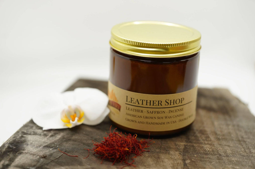 Leather Shop Soy Wax Candle | 16 oz Double Wick Amber Apothecary Jar