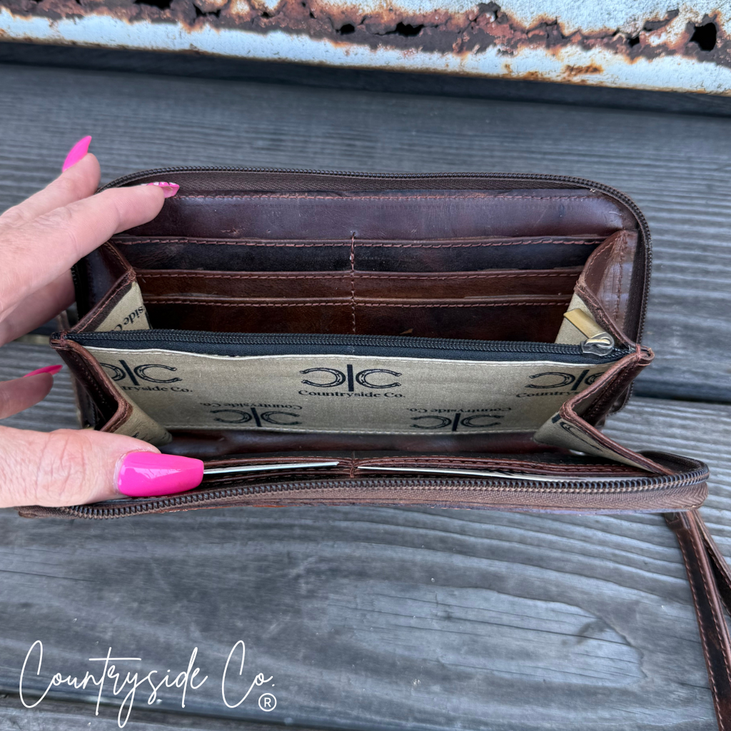 Lucille Cowhide Tooled Leather Wallet Wristlet