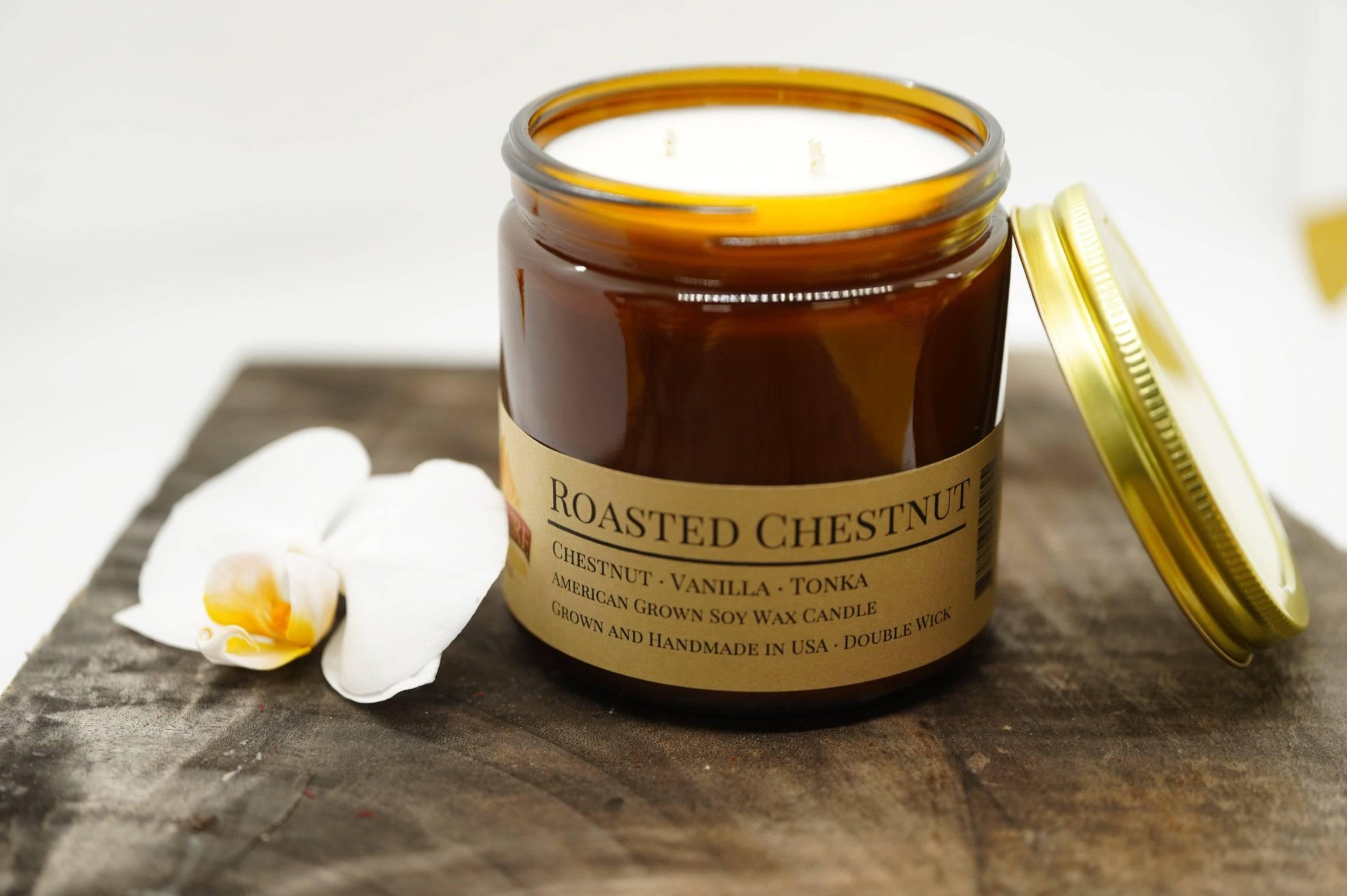 Roasted Chestnut Soy Wax Candle | 16 oz Double Wick Amber Apothecary Jar