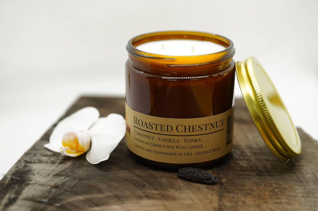 Roasted Chestnut Soy Wax Candle | 16 oz Double Wick Amber Apothecary Jar