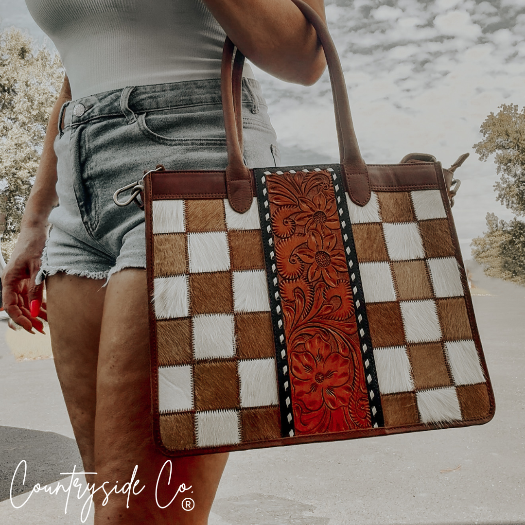 Virginia Cowhide Checkered Concealed Carry Tote Handbag