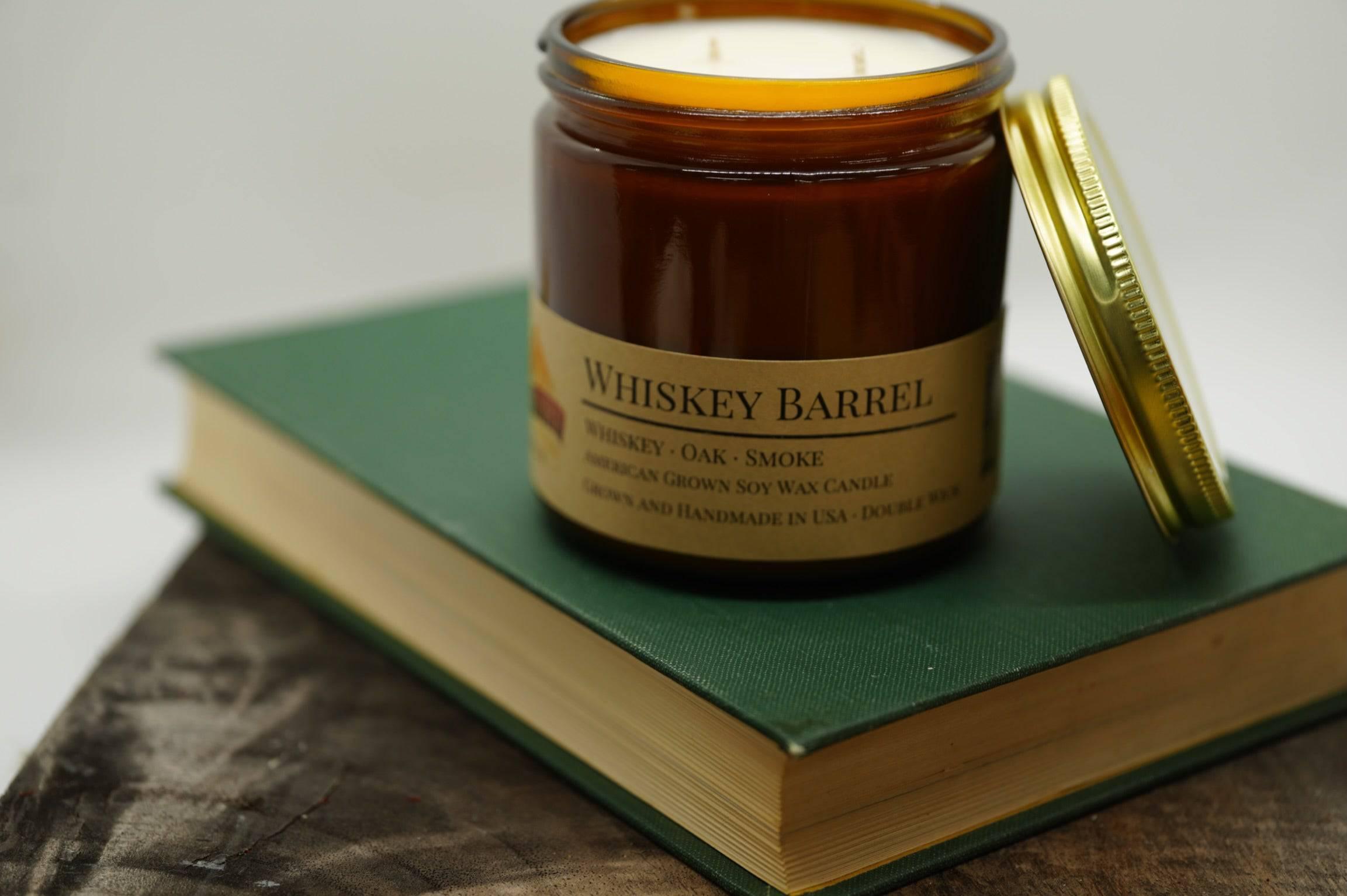 Whiskey Barrel Soy Wax Candle | 16 oz Double Wick Amber Apothecary Jar